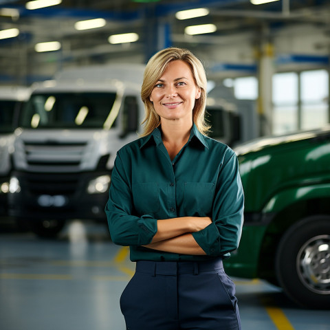 Friendly smiling beautiful woman automotive fleet manager at work on blured background