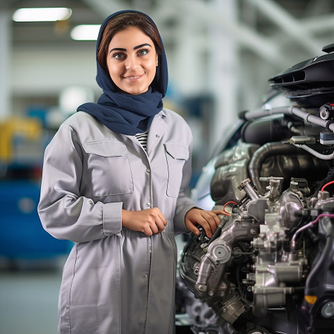 Friendly smiling beautiful indian woman automotive training instructor at work on blured background