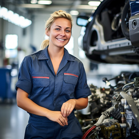 Friendly smiling beautiful woman automotive service technician at work on blured background