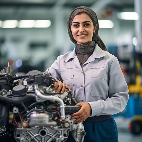 Friendly smiling beautiful indian woman automotive training instructor at work on blured background