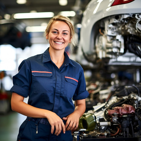 Friendly smiling beautiful woman automotive service technician at work on blured background