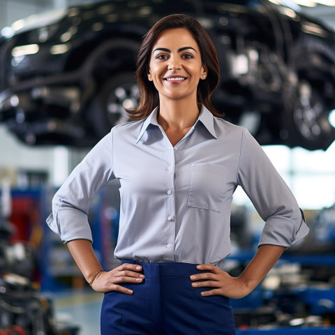 Friendly smiling beautiful indian woman automotive general manager at work on blured background