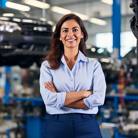 Friendly smiling beautiful indian woman automotive general manager at work on blured background