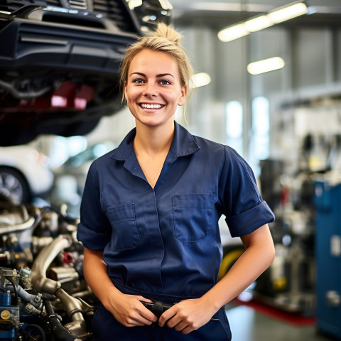 Friendly smiling beautiful woman automotive service technician at work on blured background