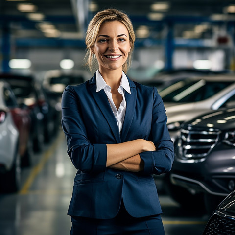 Friendly smiling beautiful woman automotive fleet manager at work on blured background