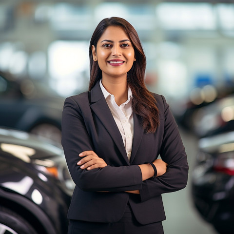 Friendly smiling beautiful indian woman automotive accountant at work on blured background