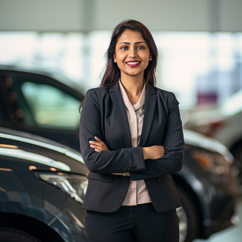 Friendly smiling beautiful indian woman automotive accountant at work on blured background