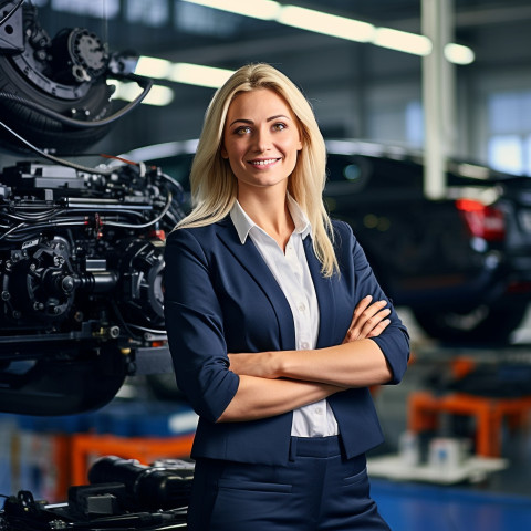 Friendly smiling beautiful woman automotive marketing manager at work on blured background