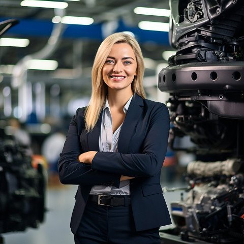 Friendly smiling beautiful woman automotive marketing manager at work on blured background