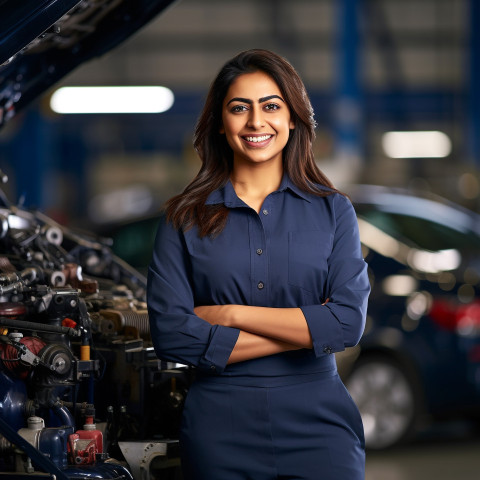 Friendly smiling beautiful indian woman automotive safety compliance specialist at work on blured background