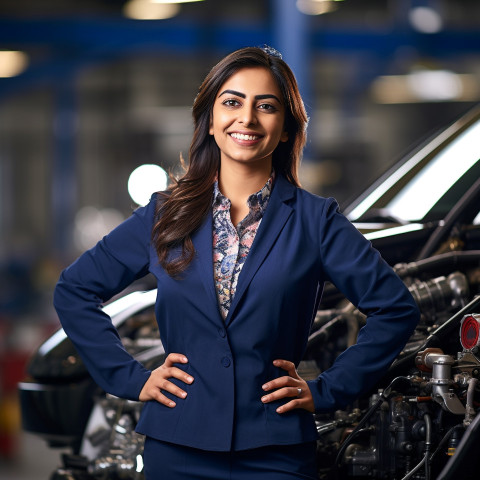 Friendly smiling beautiful indian woman automotive safety compliance specialist at work on blured background