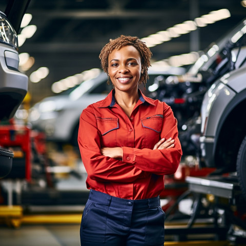 Friendly smiling beautiful woman automotive fleet manager at work on blured background