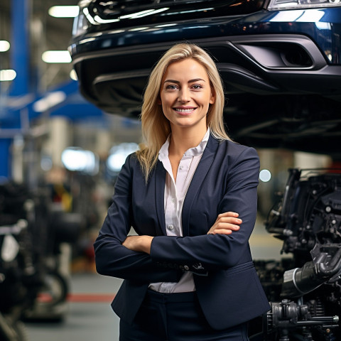 Friendly smiling beautiful woman automotive marketing manager at work on blured background