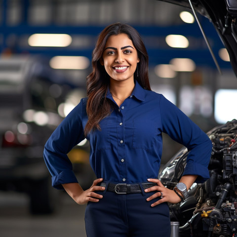 Friendly smiling beautiful indian woman automotive safety compliance specialist at work on blured background