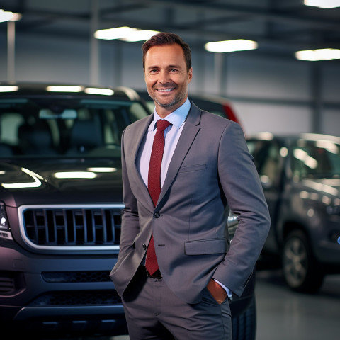 Friendly smiling handsome man automotive sales manager at work on blured background