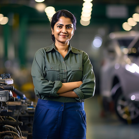 Friendly smiling beautiful indian woman automotive compliance and safety officer at work on blured background