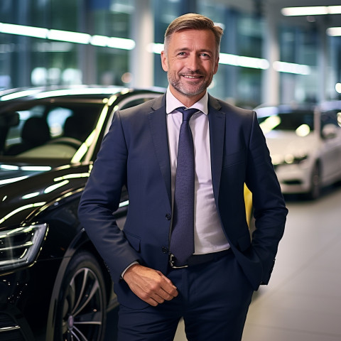 Friendly smiling handsome man automotive sales manager at work on blured background