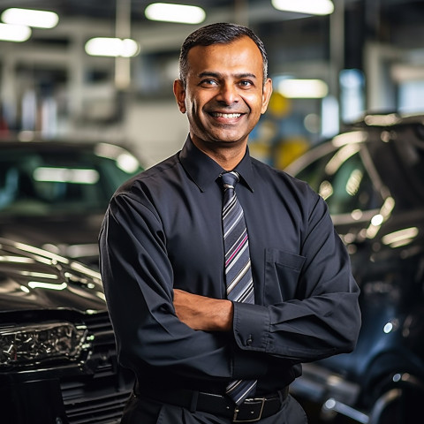 Friendly smiling handsome indian man automotive human resources manager at work on blured background