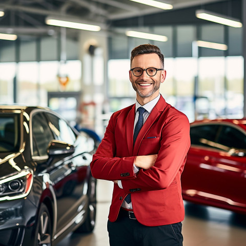 Friendly smiling handsome man automotive customer relations specialist at work on blured background