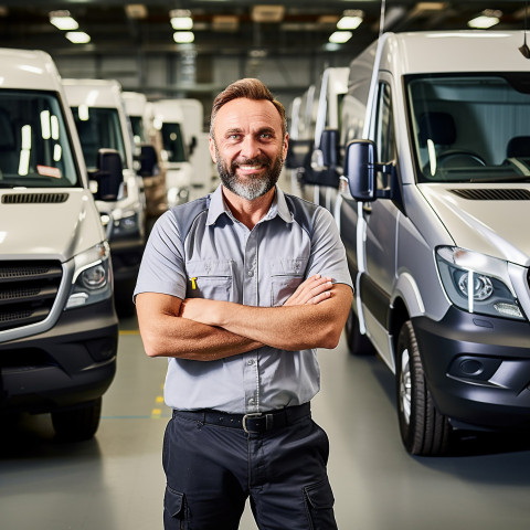 Friendly smiling handsome man automotive fleet manager at work on blured background