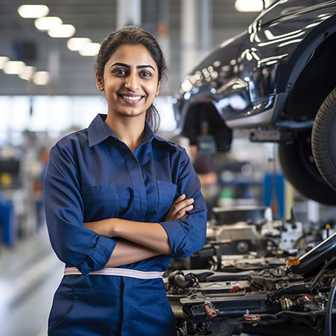 Friendly smiling beautiful indian woman automotive compliance and safety officer at work on blured background