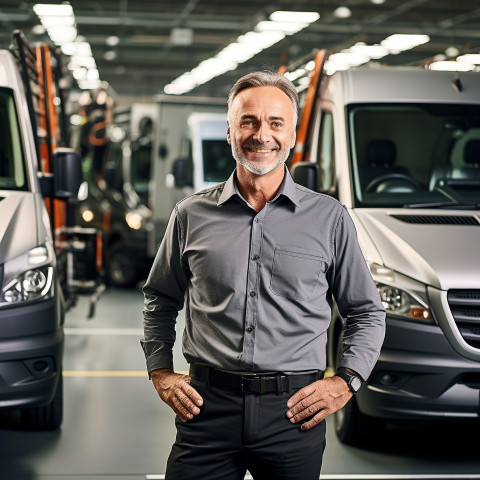 Friendly smiling handsome man automotive fleet manager at work on blured background