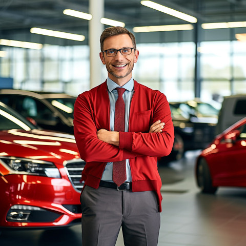 Friendly smiling handsome man automotive customer relations specialist at work on blured background