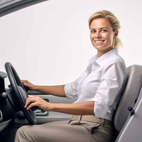 Friendly smiling beautiful woman automotive driver at work on white background