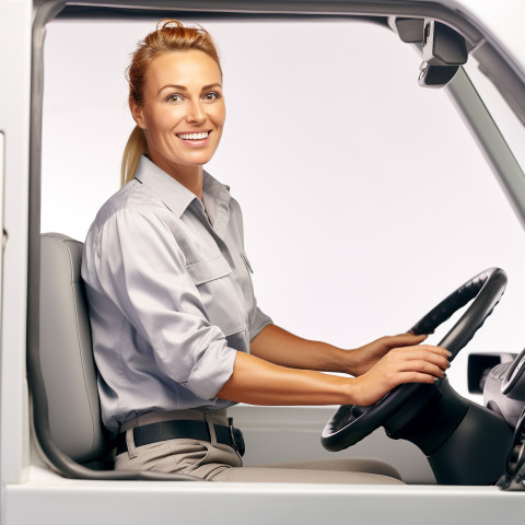 Friendly smiling beautiful woman automotive driver at work on white background