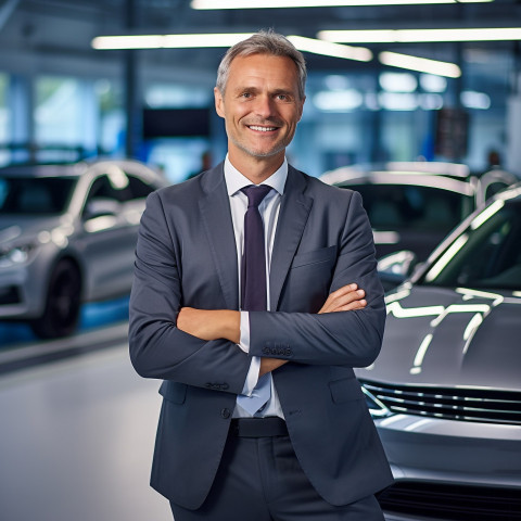 Friendly smiling handsome man automotive sales manager at work on blured background