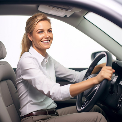 Friendly smiling beautiful woman automotive driver at work on white background