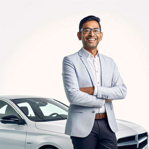 Friendly smiling handsome indian man automotive marketing manager at work on white background