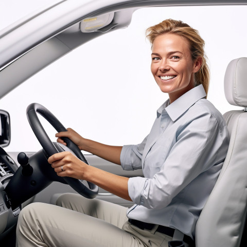 Friendly smiling beautiful woman automotive driver at work on white background