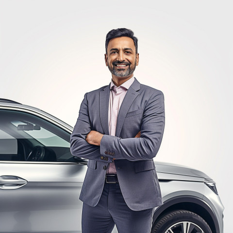 Friendly smiling handsome indian man automotive marketing manager at work on white background