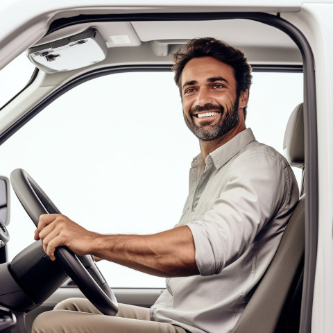 Friendly smiling handsome man automotive driver at work on white background