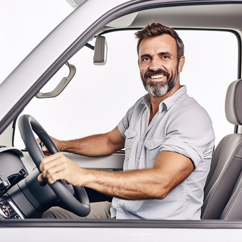 Friendly smiling handsome man automotive driver at work on white background