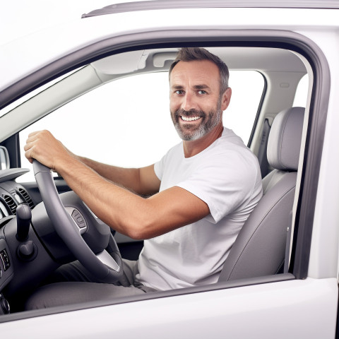 Friendly smiling handsome man automotive driver at work on white background