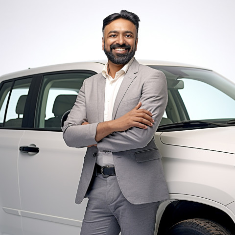 Friendly smiling handsome indian man automotive marketing manager at work on white background