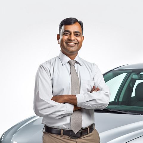 Friendly smiling handsome indian man automotive valets at work on white background