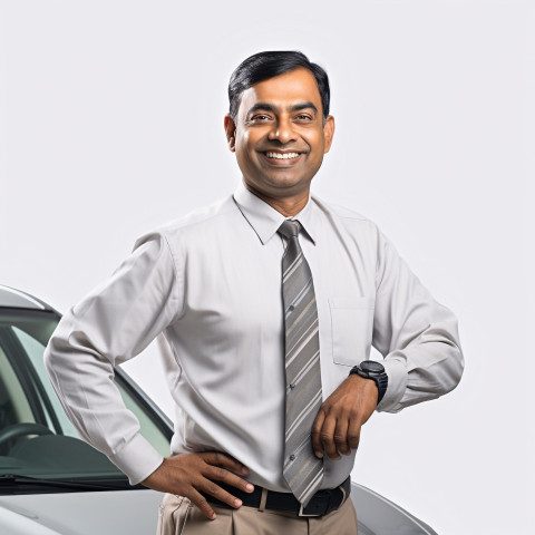 Friendly smiling handsome indian man automotive valets at work on white background