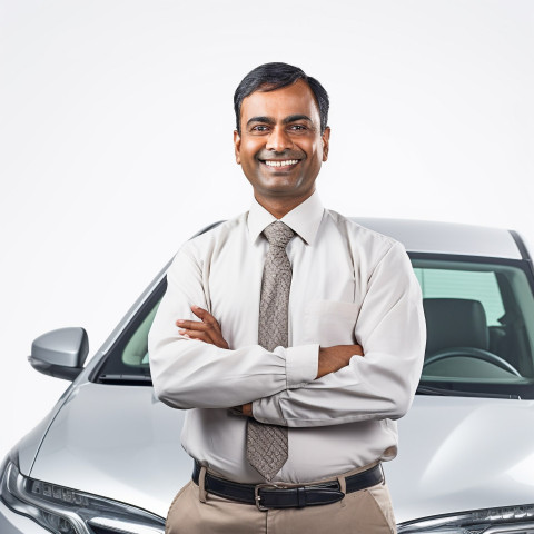 Friendly smiling handsome indian man automotive valets at work on white background