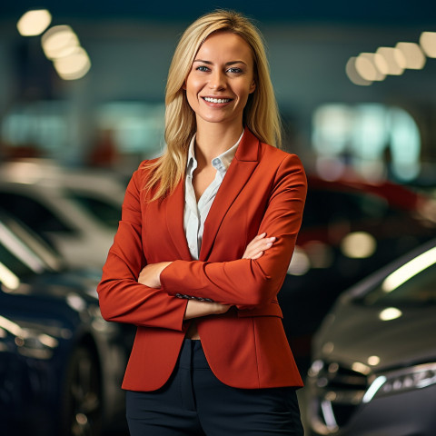 Friendly smiling beautiful woman automotive finance manager at work on blured background