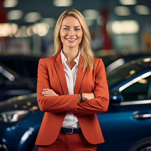 Friendly smiling beautiful woman automotive finance manager at work on blured background