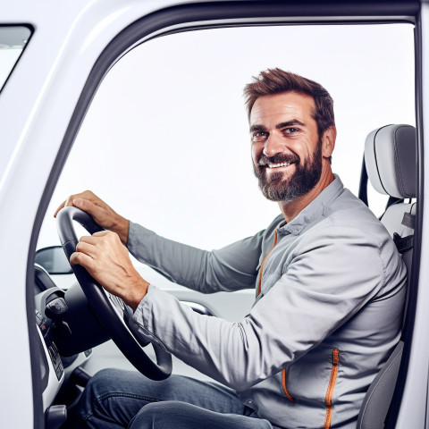 Friendly smiling handsome man automotive driver at work on white background