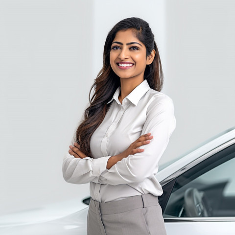 Friendly smiling beautiful indian woman automotive customer service representatives at work white background