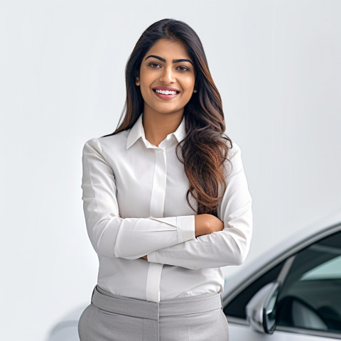 Friendly smiling beautiful indian woman automotive customer service representatives at work white background