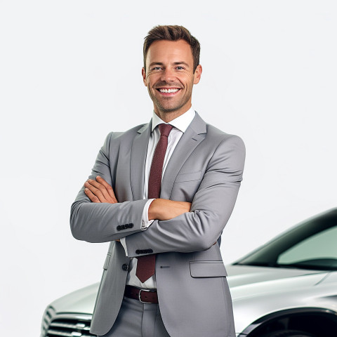 Friendly smiling handsome man automotive sales representative at work on white background