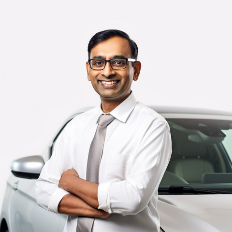 Friendly smiling handsome indian man automotive customer relations specialist at work on white background