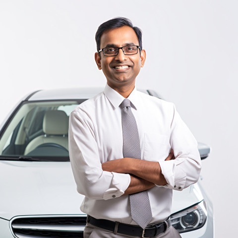 Friendly smiling handsome indian man automotive customer relations specialist at work on white background