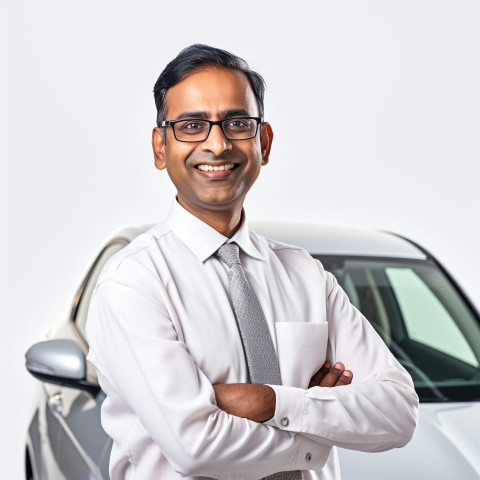 Friendly smiling handsome indian man automotive customer relations specialist at work on white background